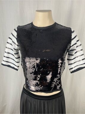 Zara Black Sequin Crop Top with White Striped Sleeves Small
